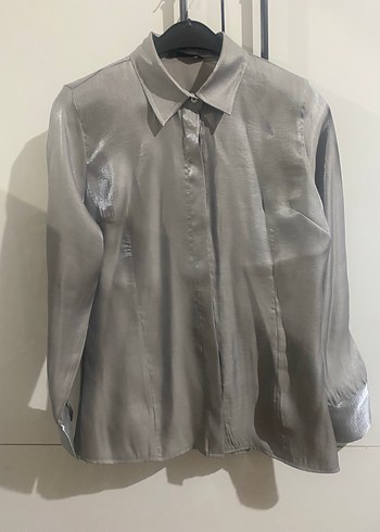 Gri Saten Düğmeli Kadın Gömlek - Görsel 5