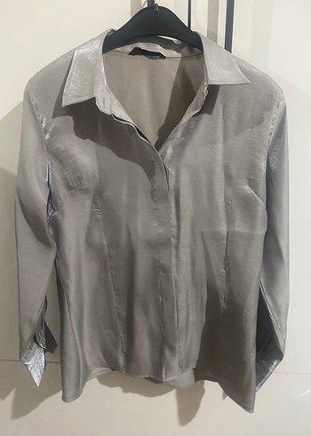 Gri Saten Düğmeli Kadın Gömlek - Görsel 11