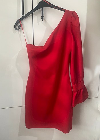 Kırmızı Tek Omuz Drapeli Mini Elbise - Görsel 3