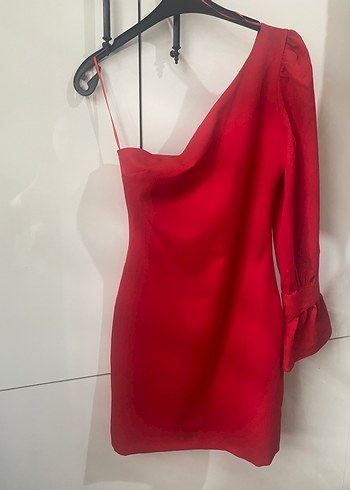Kırmızı Tek Omuz Drapeli Mini Elbise - Görsel 7