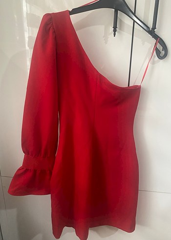 Kırmızı Tek Omuz Drapeli Mini Elbise - Görsel 8