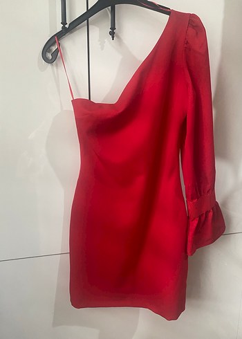 Kırmızı Tek Omuz Drapeli Mini Elbise - Görsel 4