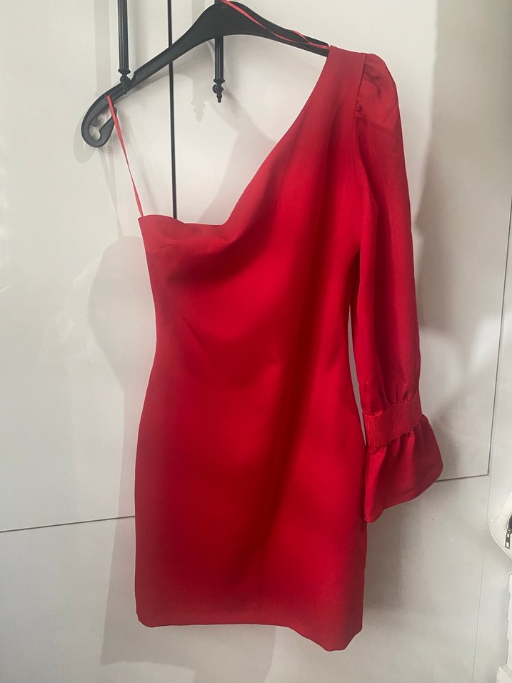 Kırmızı Tek Omuz Drapeli Mini Elbise - Görsel 3