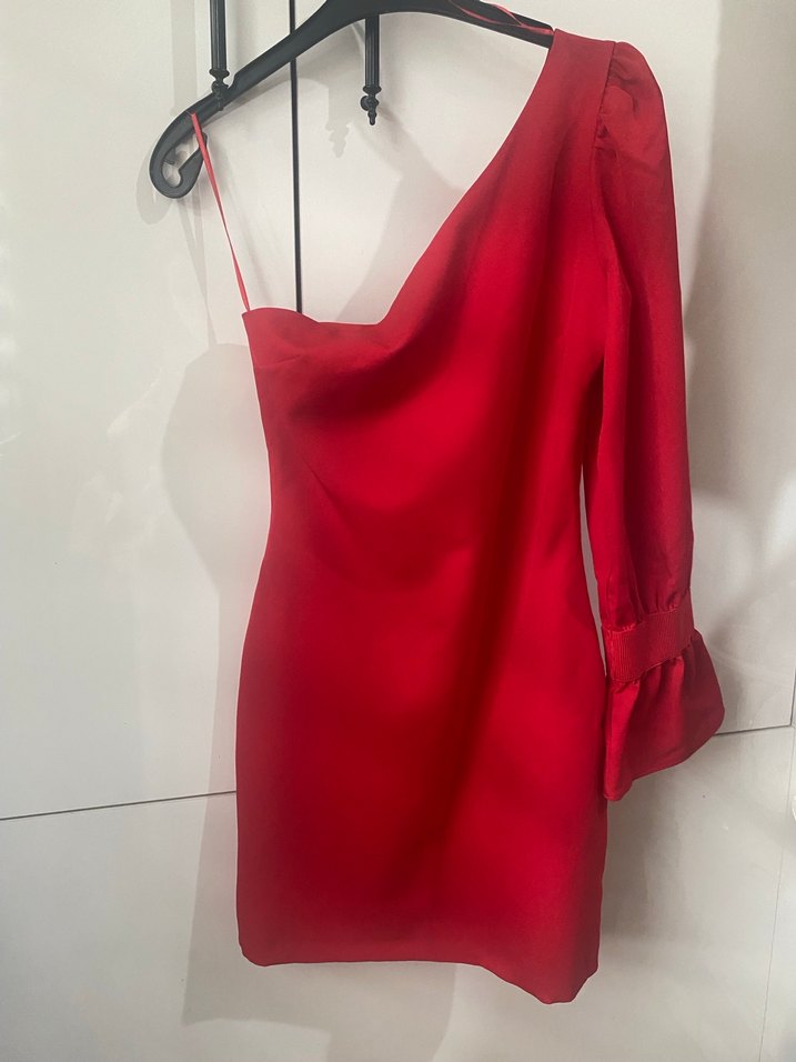 Kırmızı Tek Omuz Drapeli Mini Elbise - Görsel 4