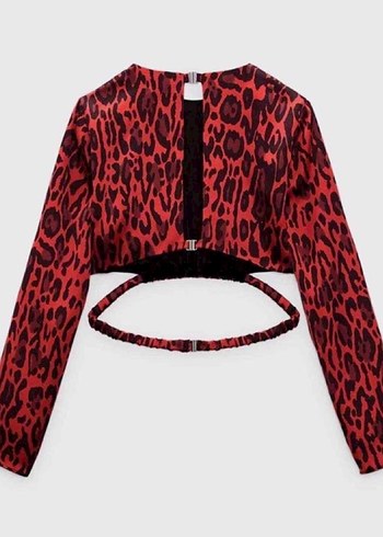 Kırmızı Leopar Desenli Deri Halter Yaka Bluz - Görsel 2