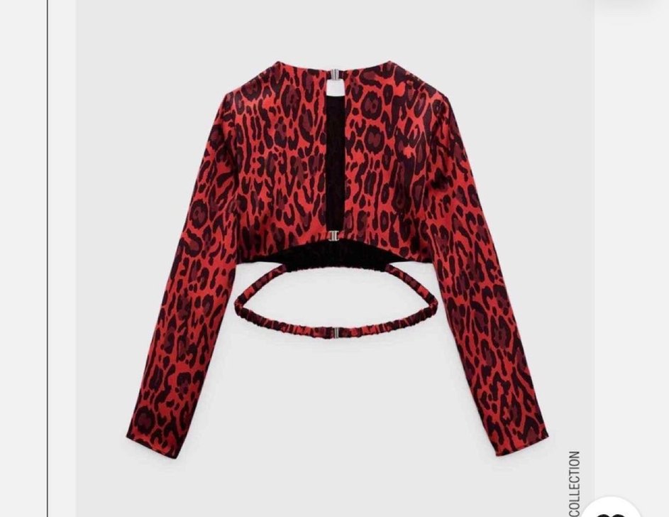 Kırmızı Leopar Desenli Deri Halter Yaka Bluz - Görsel 2