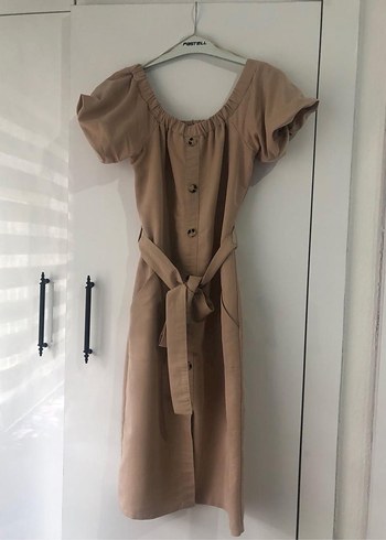 Bej Midi Straplez Kemerli Kadın Elbise - Görsel 4