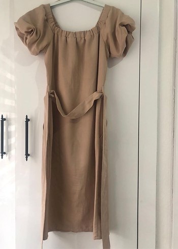 Bej Midi Straplez Kemerli Kadın Elbise - Görsel 8