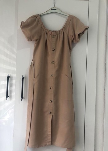 Bej Midi Straplez Kemerli Kadın Elbise - Görsel 7