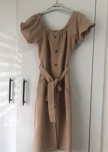 Bej Midi Straplez Kemerli Kadın Elbise - Görsel 6