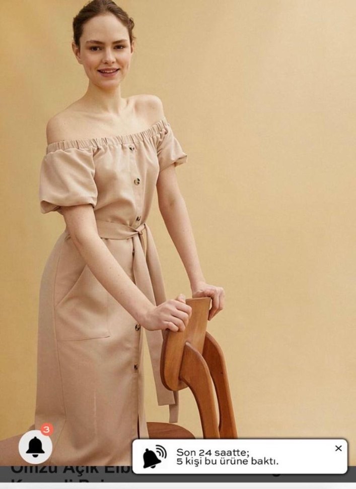 Bej Midi Straplez Kemerli Kadın Elbise - Görsel 2