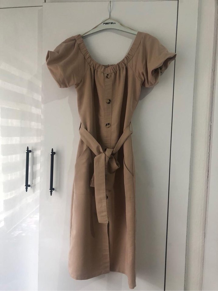 Bej Midi Straplez Kemerli Kadın Elbise - Görsel 4