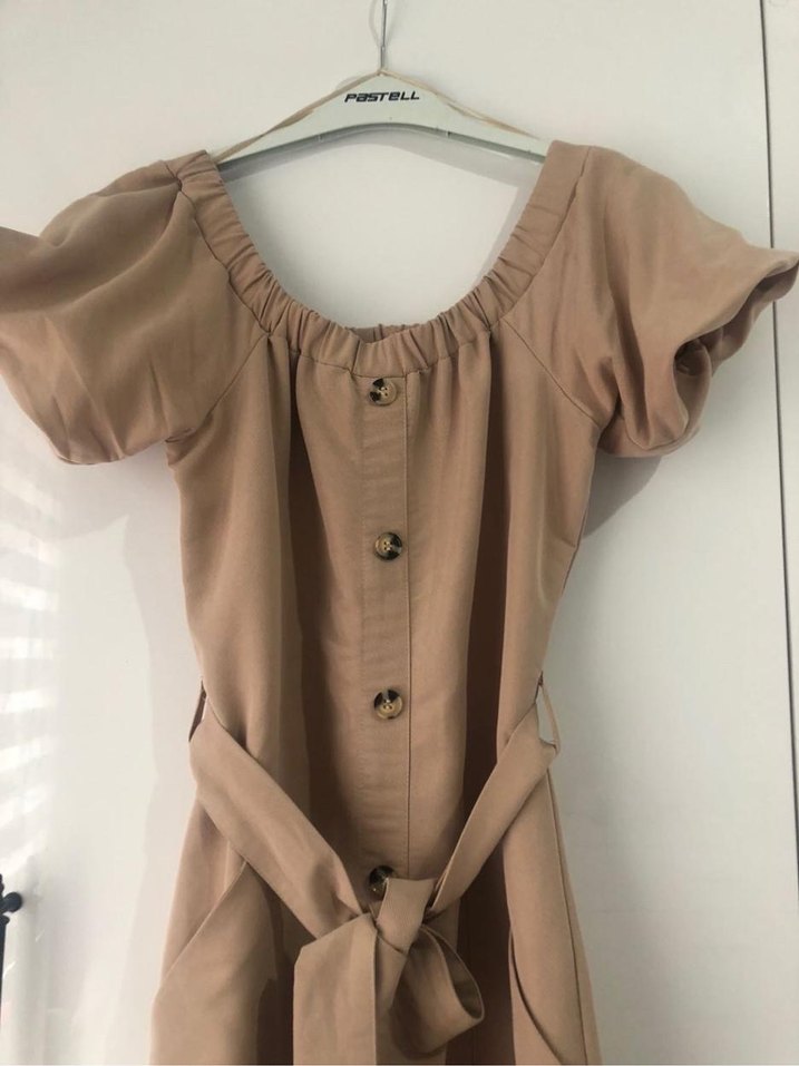 Bej Midi Straplez Kemerli Kadın Elbise - Görsel 5