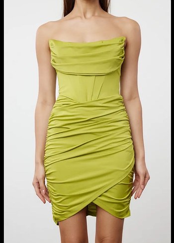 Parlak Haki Drapeli Mini Elbise - Görsel 2