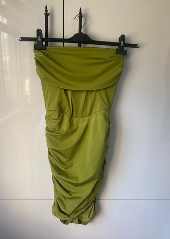 Parlak Haki Drapeli Mini Elbise - Görsel 4