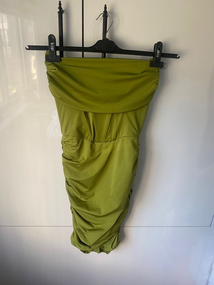 Parlak Haki Drapeli Mini Elbise - Görsel 5