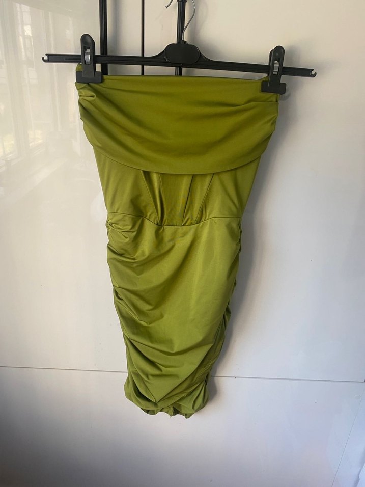 Parlak Haki Drapeli Mini Elbise - Görsel 3