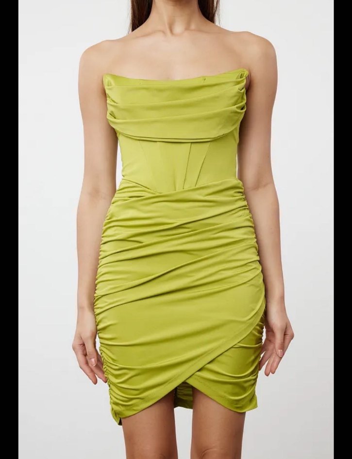 Parlak Haki Drapeli Mini Elbise - Görsel 2