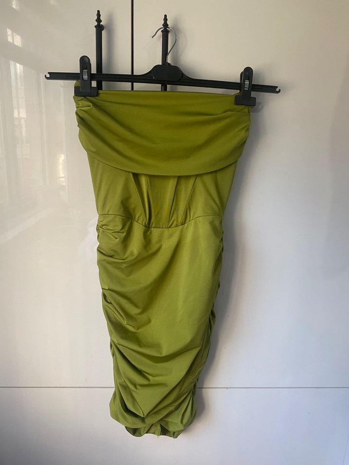 Parlak Haki Drapeli Mini Elbise - Görsel 4