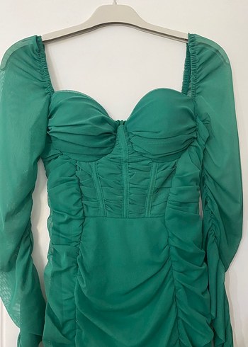 Drapeli Uzun Kollu Yeşil Kadın Abiye Elbise - Görsel 6