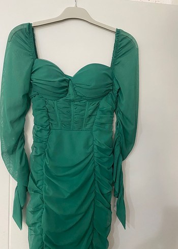 Drapeli Uzun Kollu Yeşil Kadın Abiye Elbise - Görsel 5