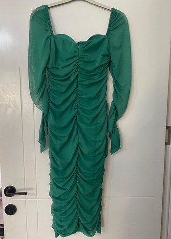 Drapeli Uzun Kollu Yeşil Kadın Abiye Elbise - Görsel 7