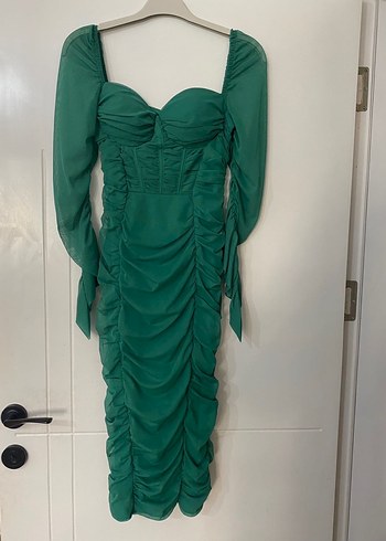 Drapeli Uzun Kollu Yeşil Kadın Abiye Elbise - Görsel 4