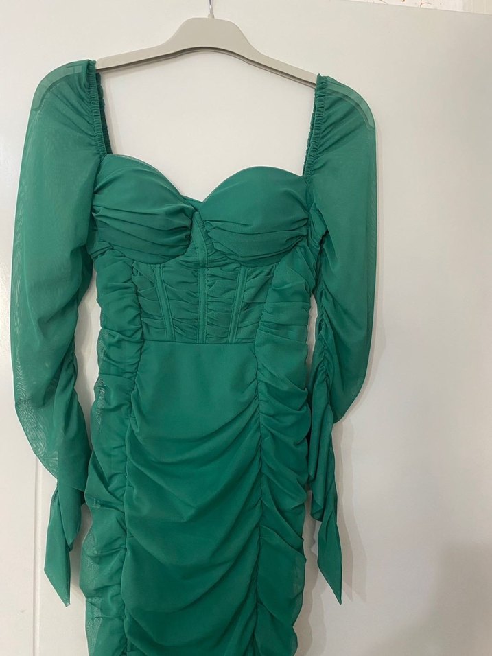 Drapeli Uzun Kollu Yeşil Kadın Abiye Elbise - Görsel 5