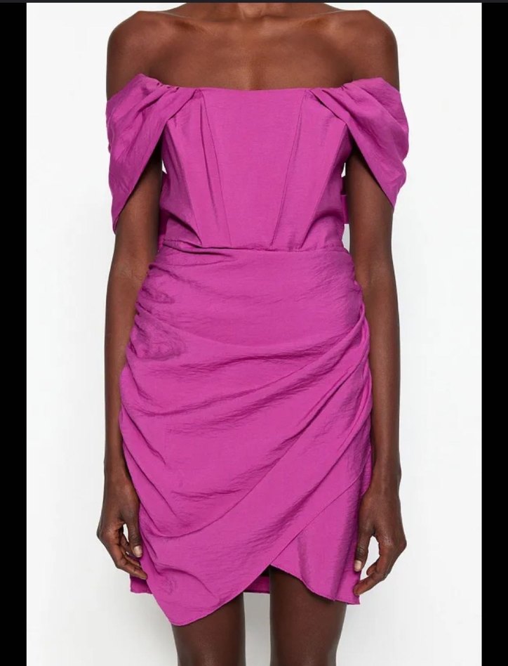 Pembe Drapeli Mini Kokteyl Elbisesi - Görsel 2