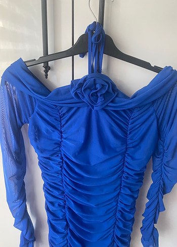 Mavi Büzgülü Mini Elbise - Görsel 4