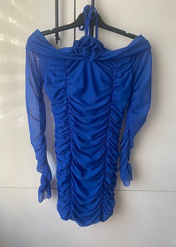 Mavi Büzgülü Mini Elbise - Görsel 2