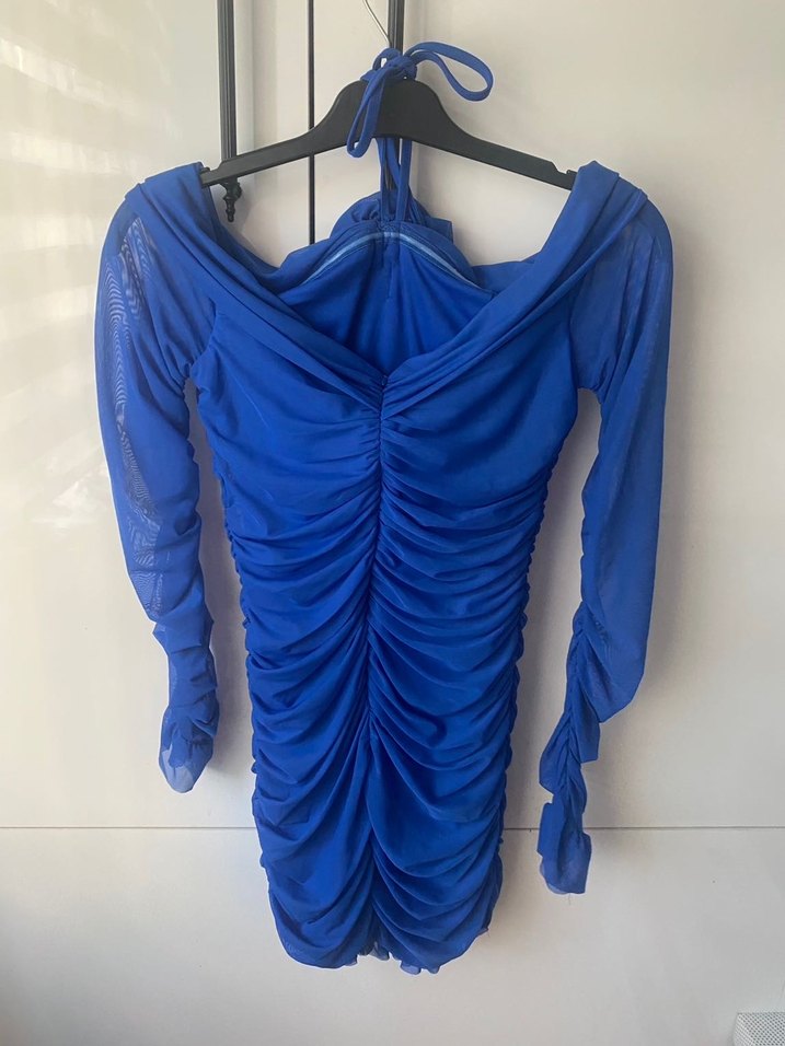 Mavi Büzgülü Mini Elbise - Görsel 3