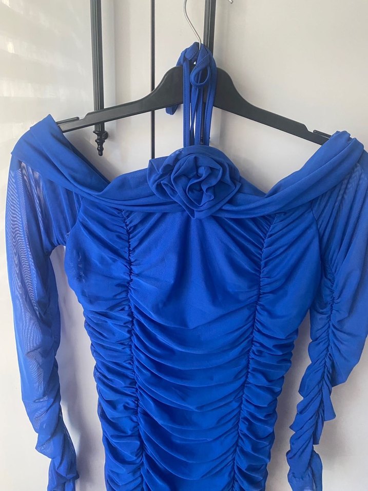 Mavi Büzgülü Mini Elbise - Görsel 4