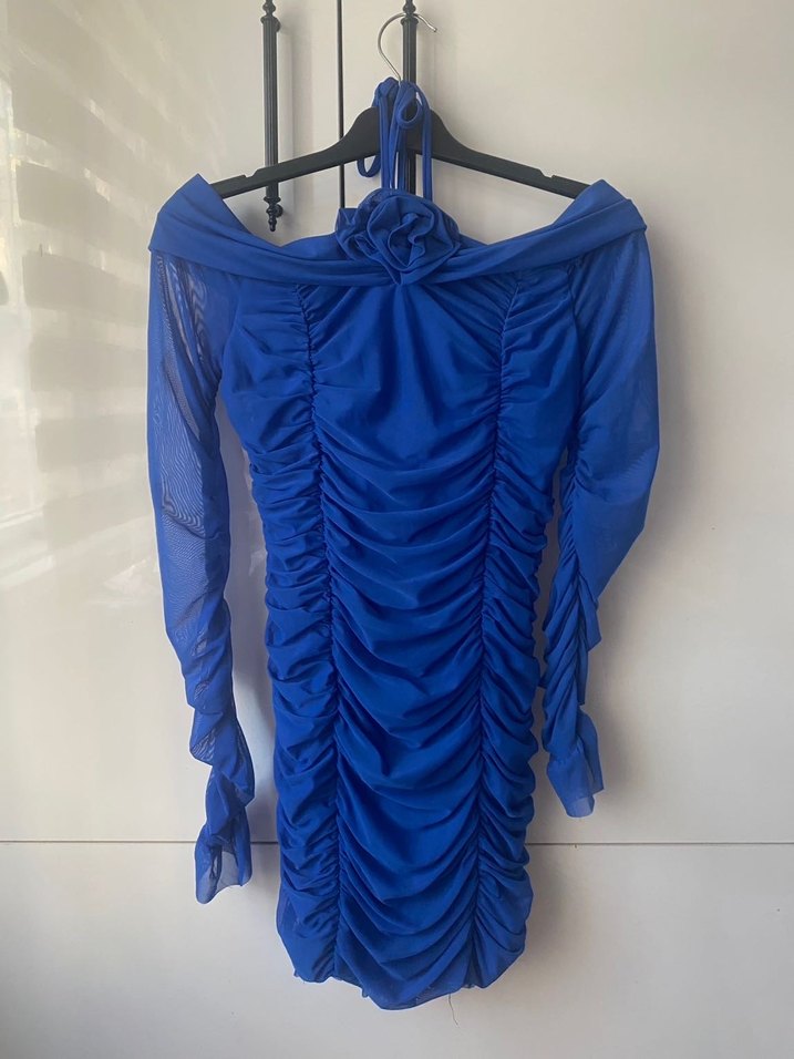 Mavi Büzgülü Mini Elbise - Görsel 5