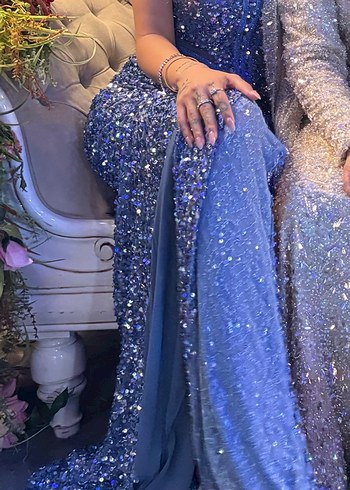 Mavi Straplez Payetli Uzun Abiye Elbise - Görsel 4