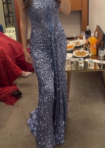 Mavi Straplez Payetli Uzun Abiye Elbise - Görsel 3