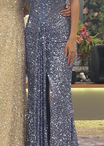 Mavi Straplez Payetli Uzun Abiye Elbise - Görsel 2