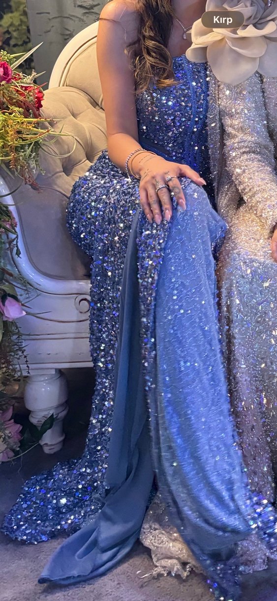 Mavi Straplez Payetli Uzun Abiye Elbise - Görsel 4