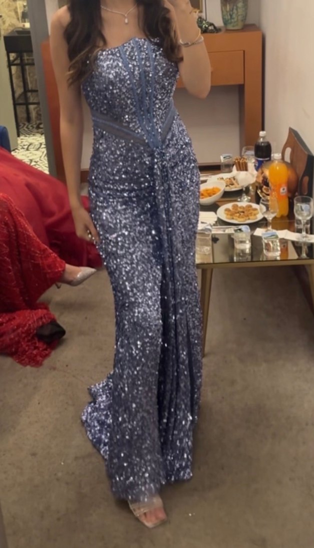 Mavi Straplez Payetli Uzun Abiye Elbise - Görsel 3