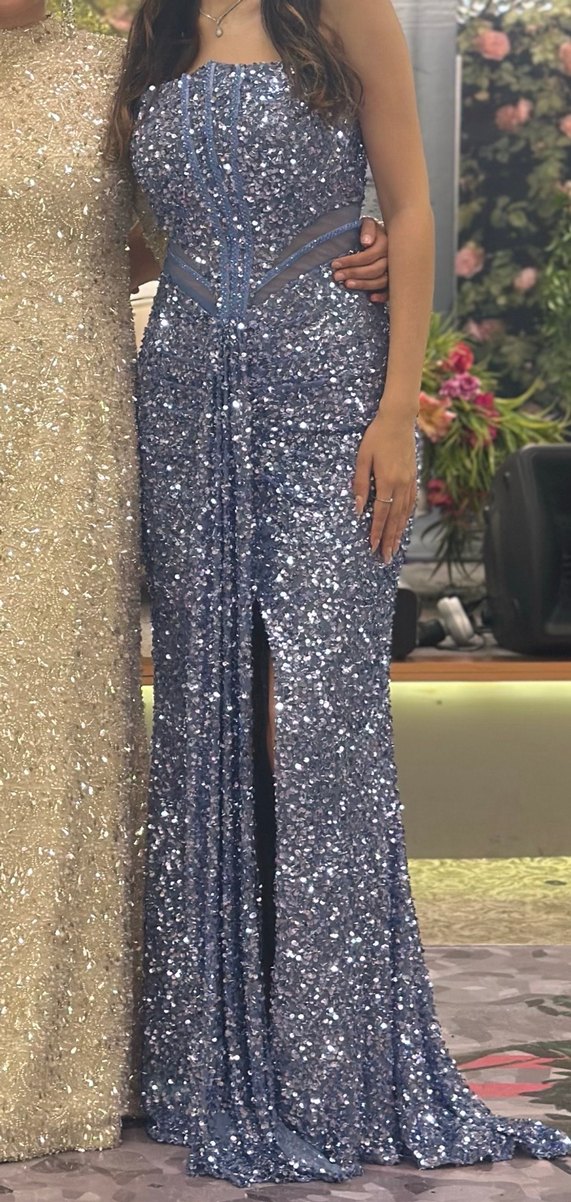 Mavi Straplez Payetli Uzun Abiye Elbise - Görsel 2