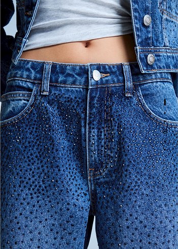 BERSHKA Taşlı Lacivert Kadın Bol Kesim Kot Pantolon - Görsel 2