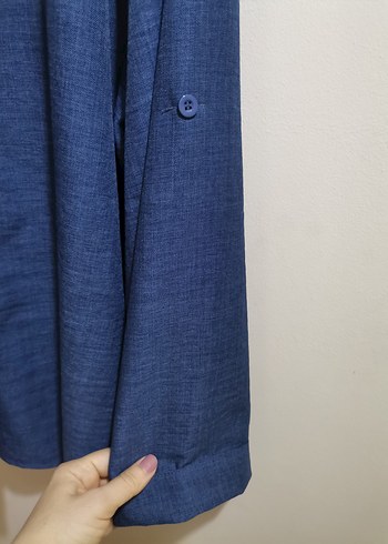 Düğmeli Mavi Keten Kadın Gömlek pantolon takım - Görsel 5