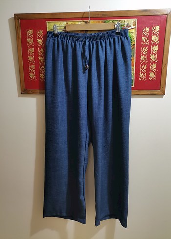 Düğmeli Mavi Keten Kadın Gömlek pantolon takım - Görsel 7