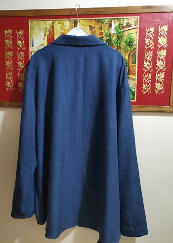 Düğmeli Mavi Keten Kadın Gömlek pantolon takım - Görsel 3