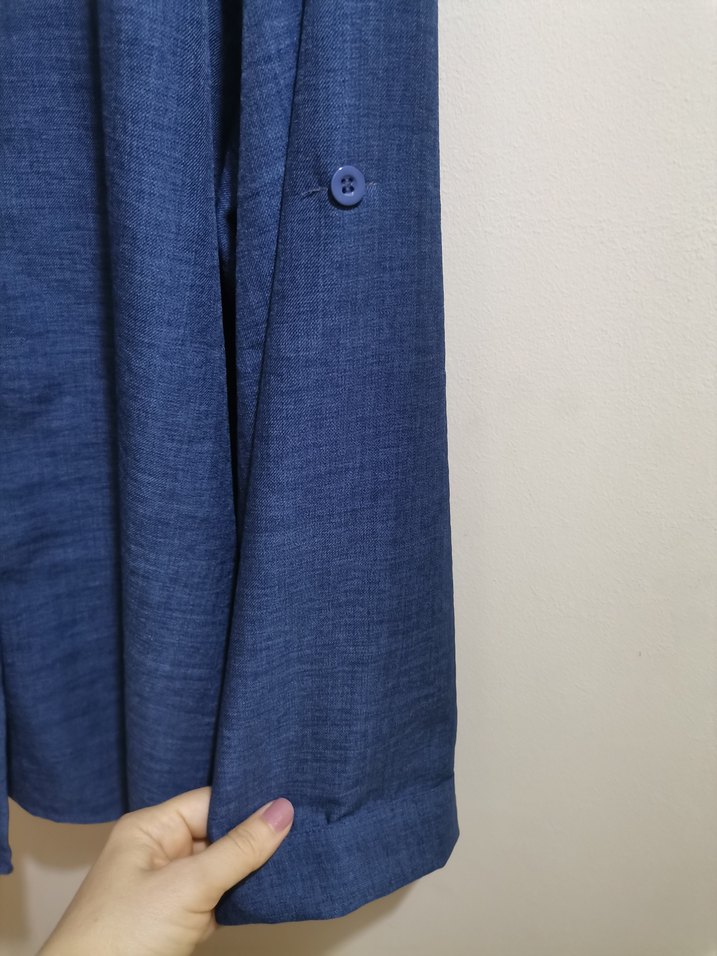 Düğmeli Mavi Keten Kadın Gömlek pantolon takım - Görsel 5