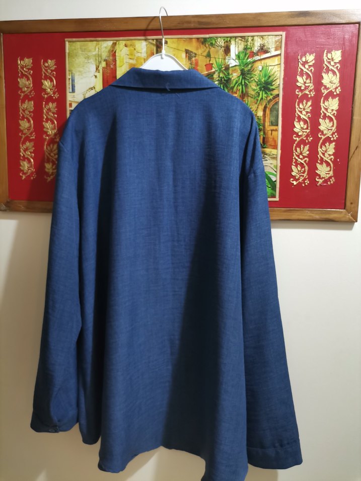 Düğmeli Mavi Keten Kadın Gömlek pantolon takım - Görsel 3