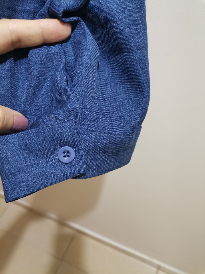 Düğmeli Mavi Keten Kadın Gömlek pantolon takım - Görsel 4