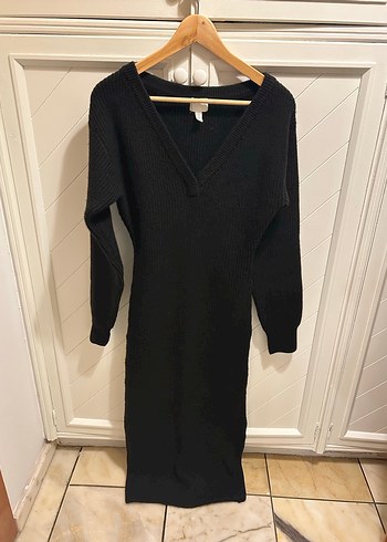 Siyah V Yaka Uzun Triko Elbise - Görsel 2