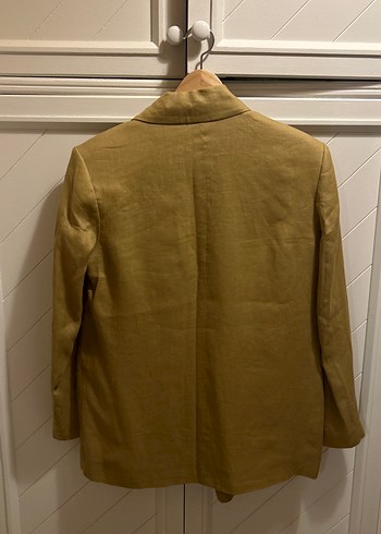 Hardal Midi Kadın Keten Blazer Ceket - Görsel 2