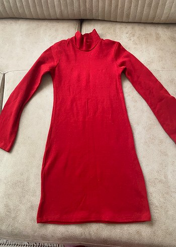 Kırmızı Yüksek Yakalı Triko Elbise - Görsel 2